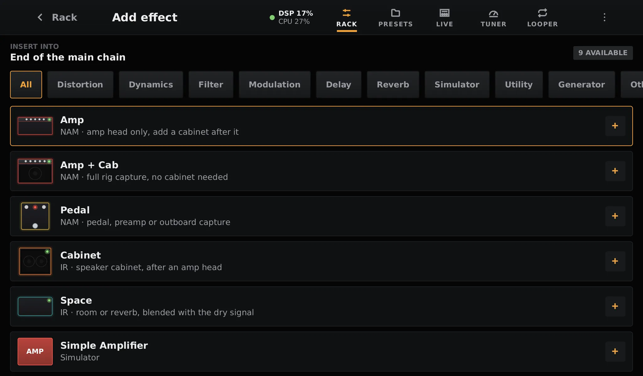 Add effect: the Amp, Amp + Cab, Pedal, Cabinet and Space blocks, then the LV2 plugins by category
