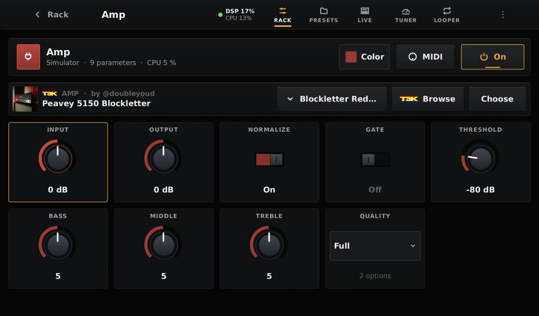 The block editor of an Amp block with its knobs and the tone preset list