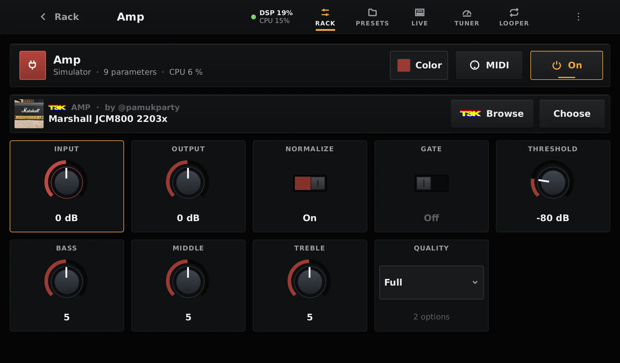 An Amp block playing a Marshall JCM800 2203x capture