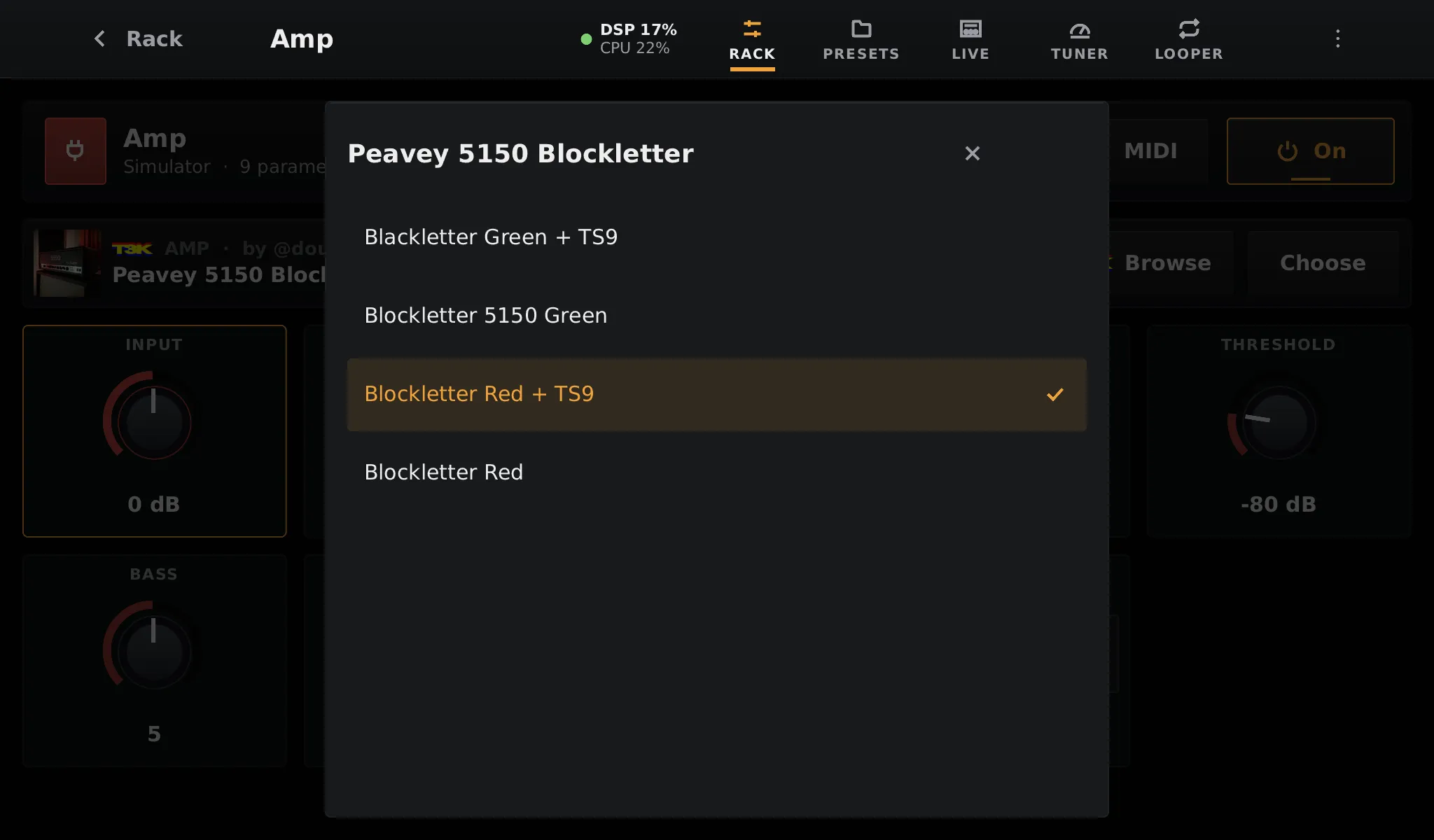The list of presets of the Peavey 5150 Blockletter tone