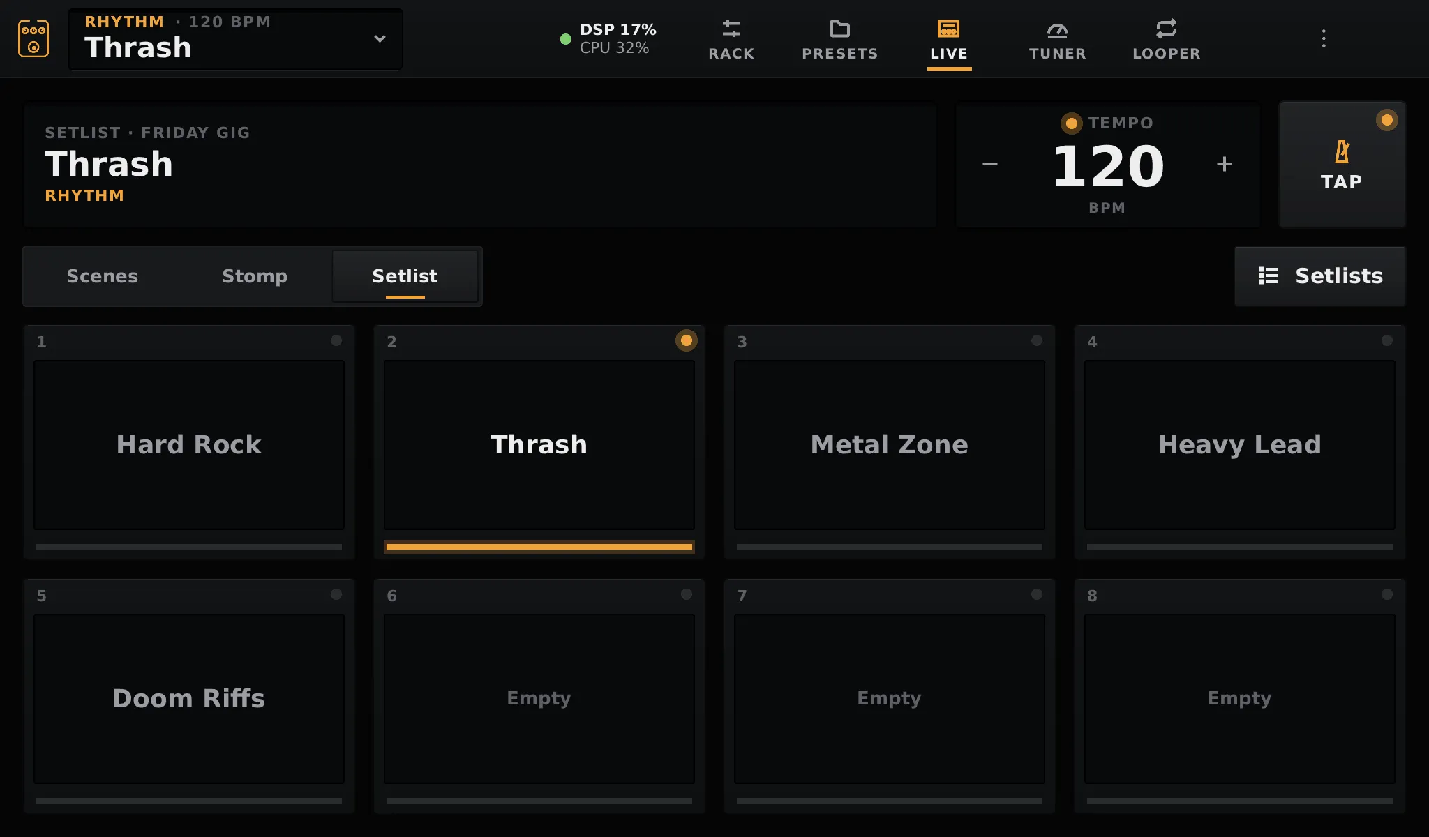 Setlist mode with the Friday gig setlist, Thrash loaded on switch 2