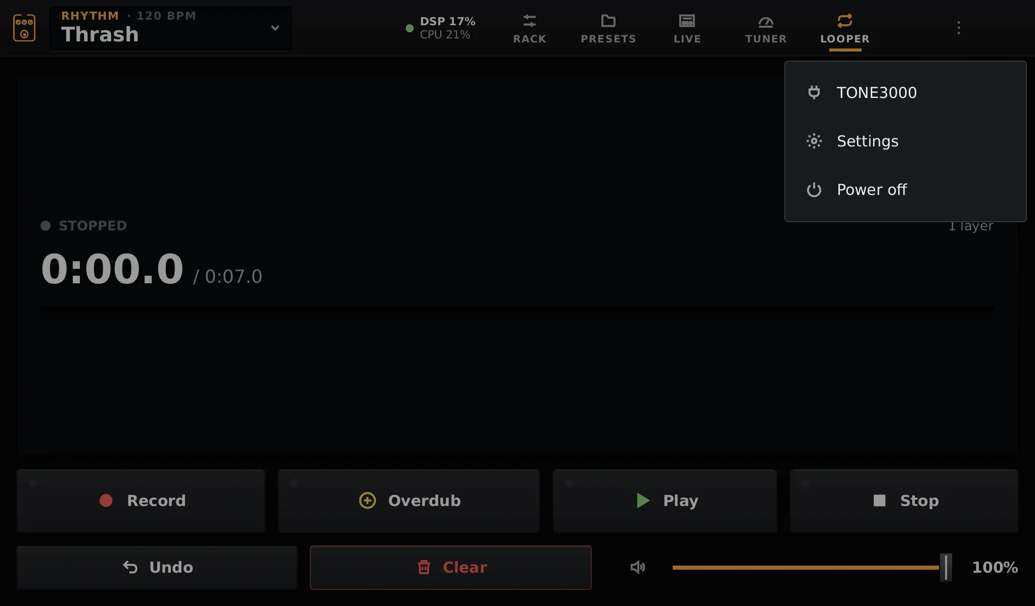 The menu with TONE3000, Settings and Power off