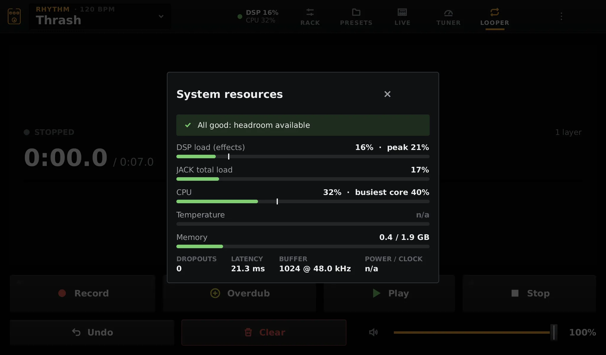 The resource monitor with DSP load, CPU, memory and latency