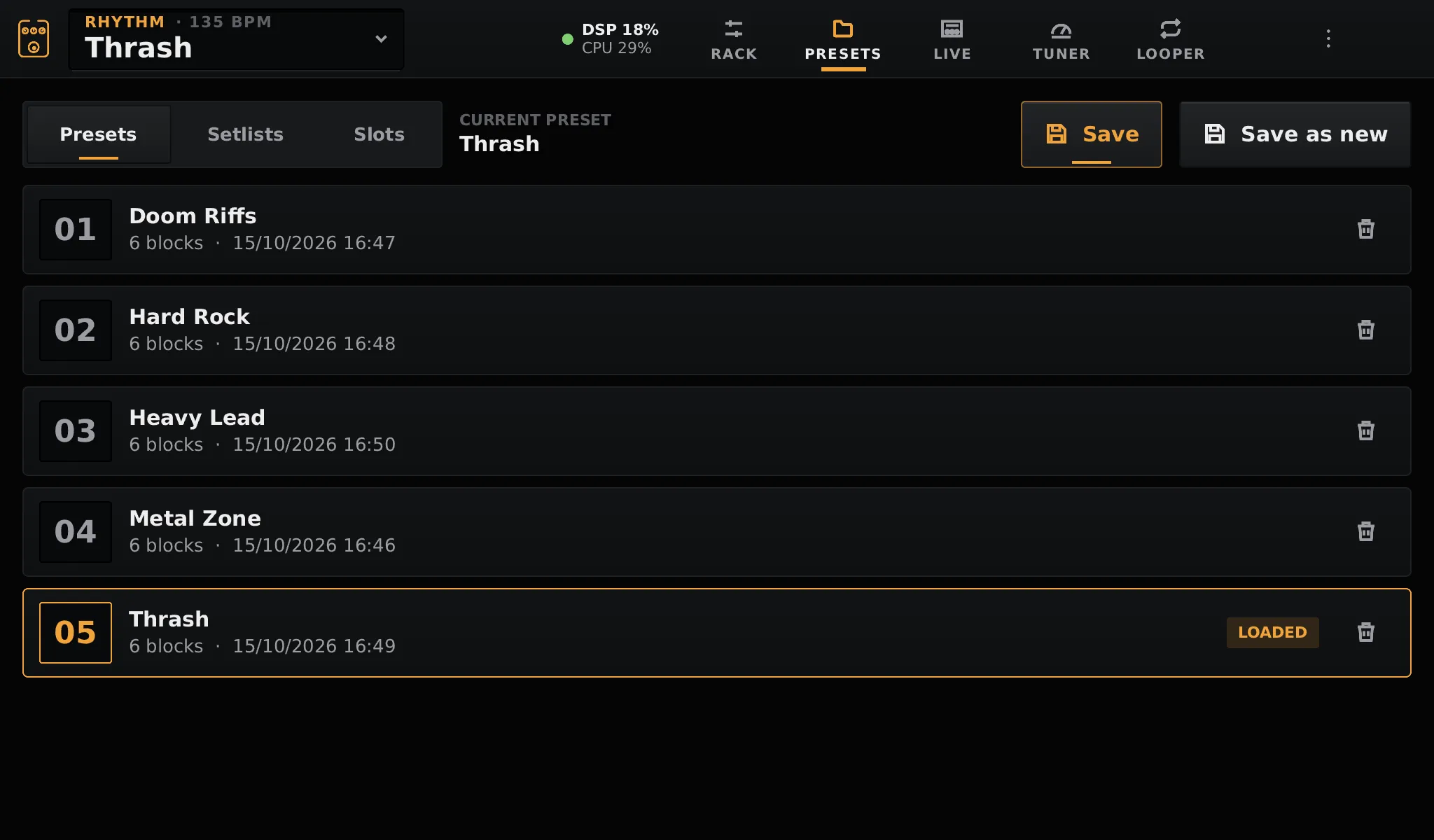 The Presets page with five presets, Thrash loaded