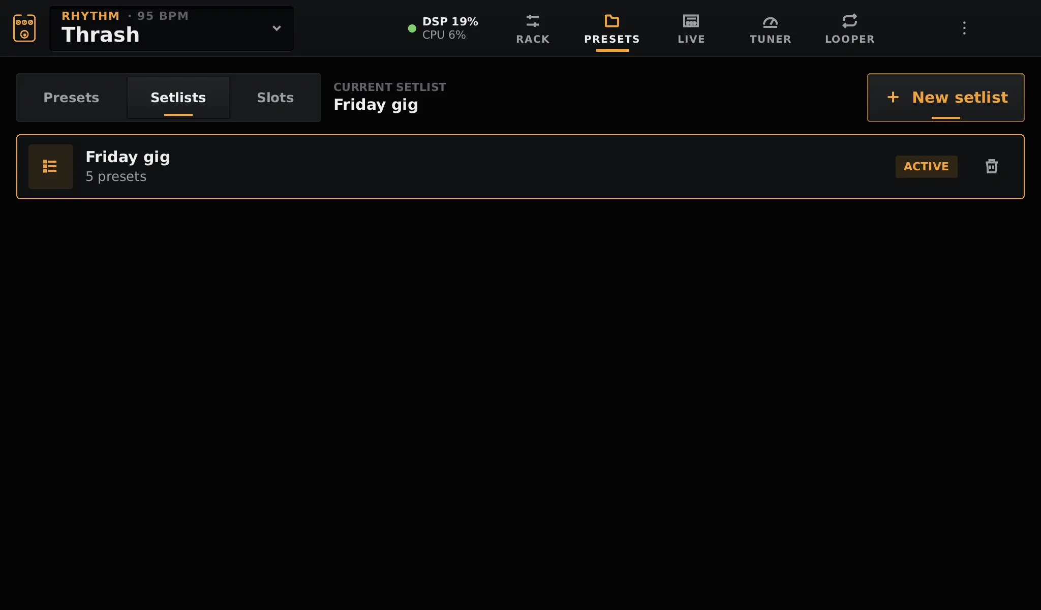 The setlist editor with five presets