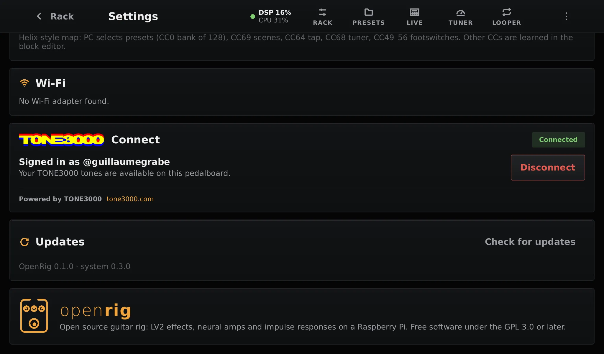 Settings further down: Wi-Fi, TONE3000 Connect signed in, Updates, and the OpenRig card