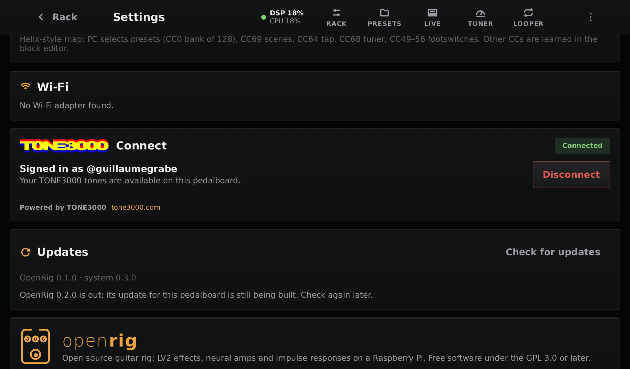 Settings, Updates: OpenRig 0.2.0 is out; its update for this pedalboard is still being built