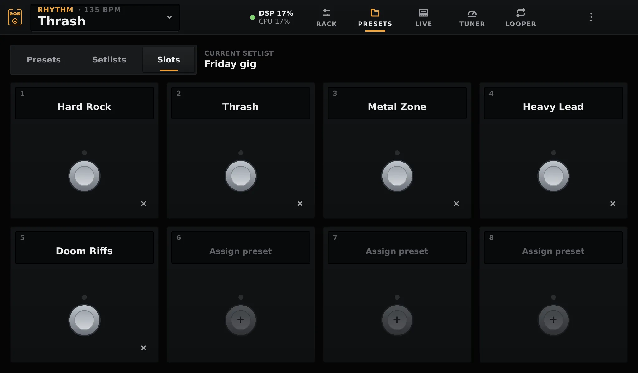The Slots tab: Hard Rock, Thrash, Metal Zone, Heavy Lead and Doom Riffs on footswitches 1 to 5