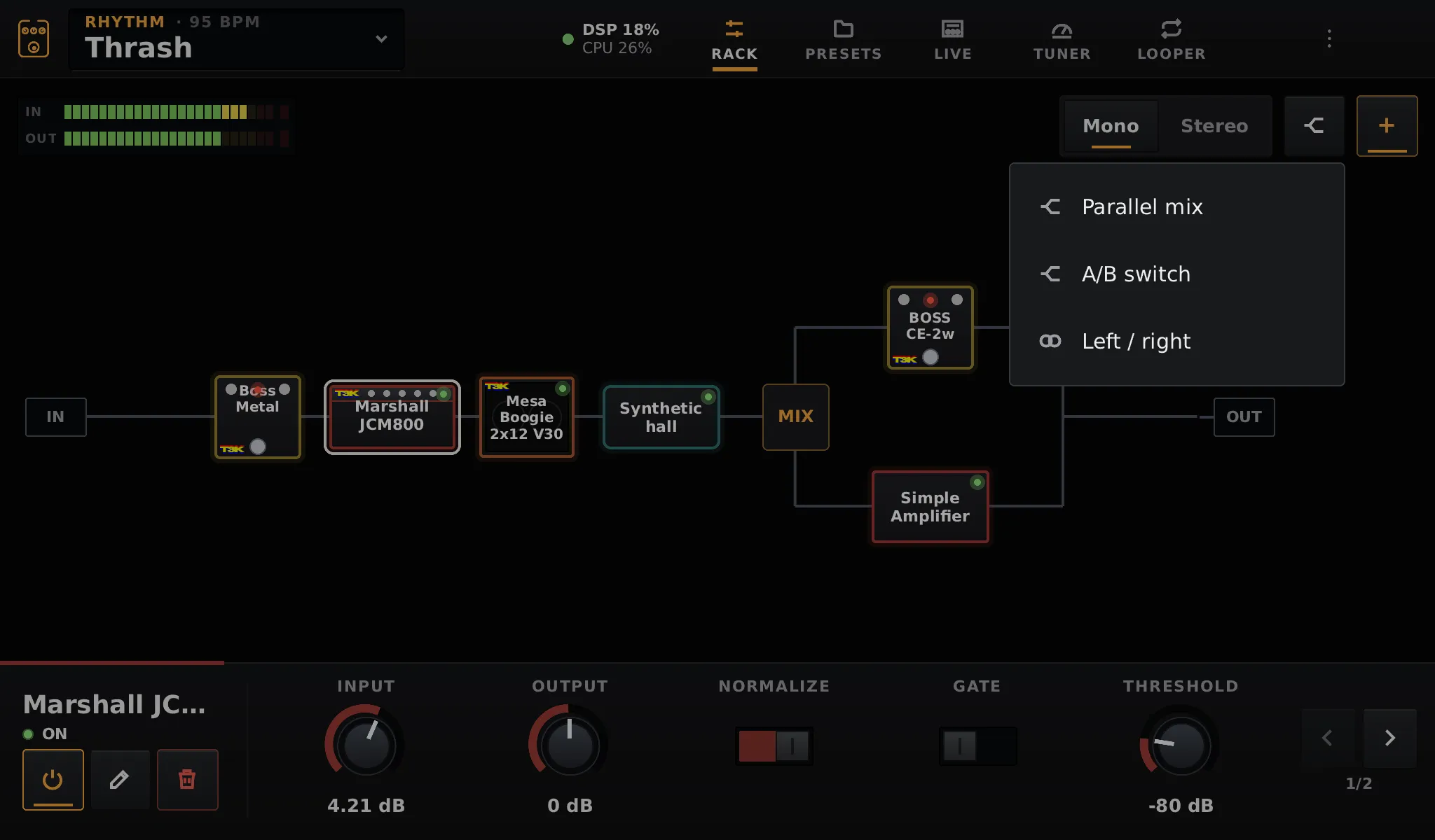 The split menu: Parallel mix, A/B switch, Left / right