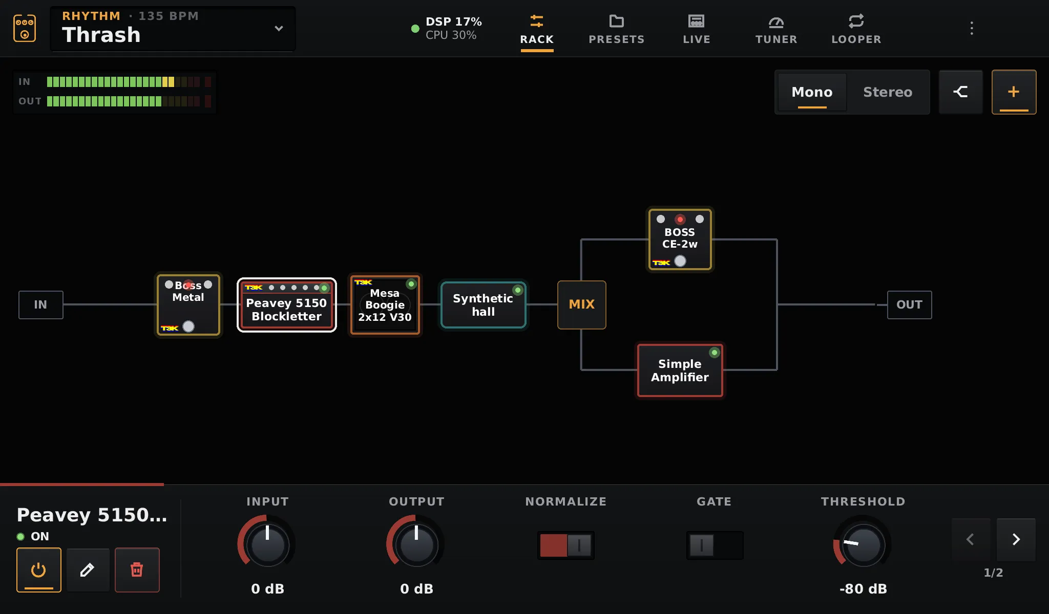 The rack with an amp block selected and its knobs along the bottom