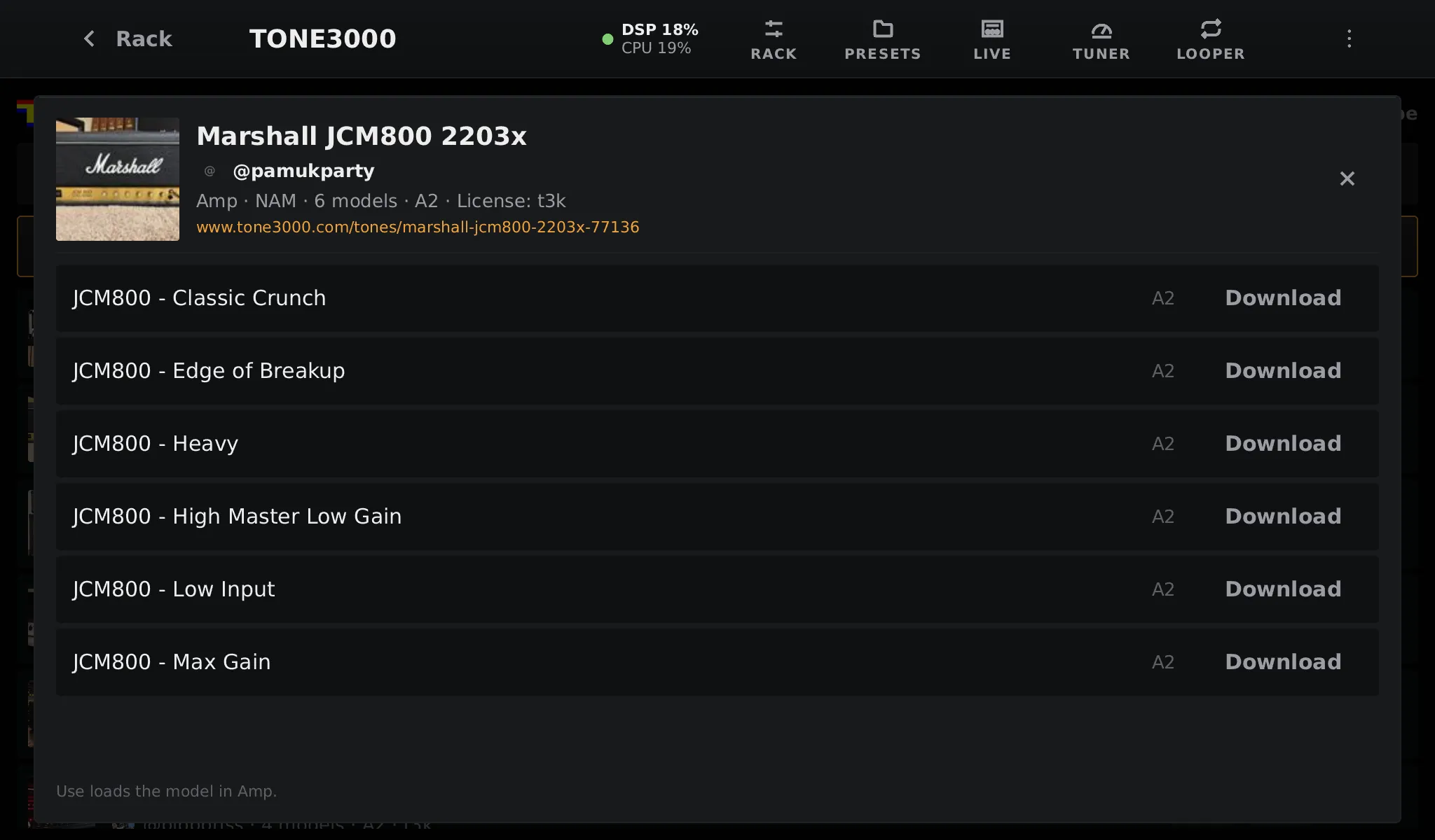 The Marshall JCM800 2203x tone by @pamukparty with six captures and their Download buttons