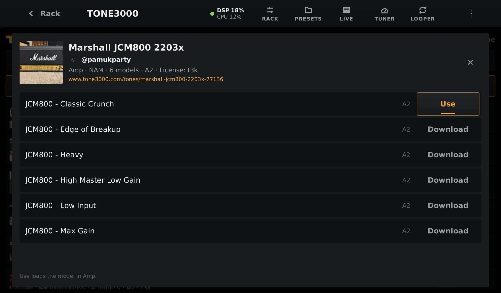 The JCM800 Classic Crunch capture downloaded, with its Use button