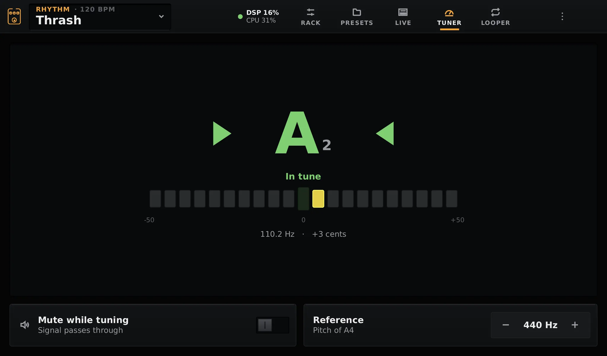 The tuner showing A2 in tune
